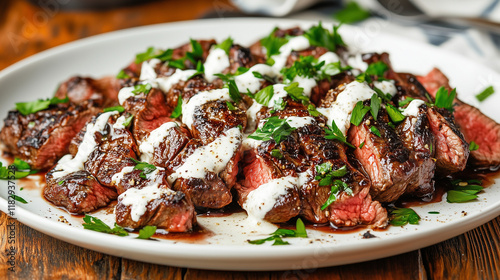 Juicy Ribeye Steak with Luscious Garlic Cream Sauce and Parsley Garnish photo