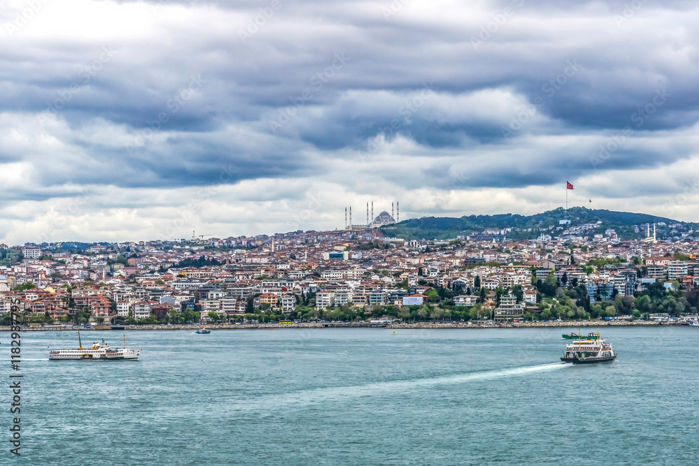 Obraz premium Istanbul, Turkey. Bridge connects Europe on the left to Asia on the right. Strait connects Mediterranean to Black Sea.