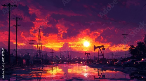 Oil Pump Machinery at Sunset in Energy Production Site for Gas and Fuel Extraction