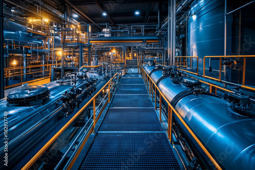 Industrial plant with interconnected systems and illuminated pathways