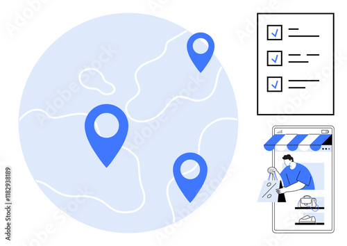 Blue geolocation markers on a globe, delivery checklist, and man shopping online via a mobile app. Ideal for e-commerce, logistics, delivery management, global business, online shopping, geolocation