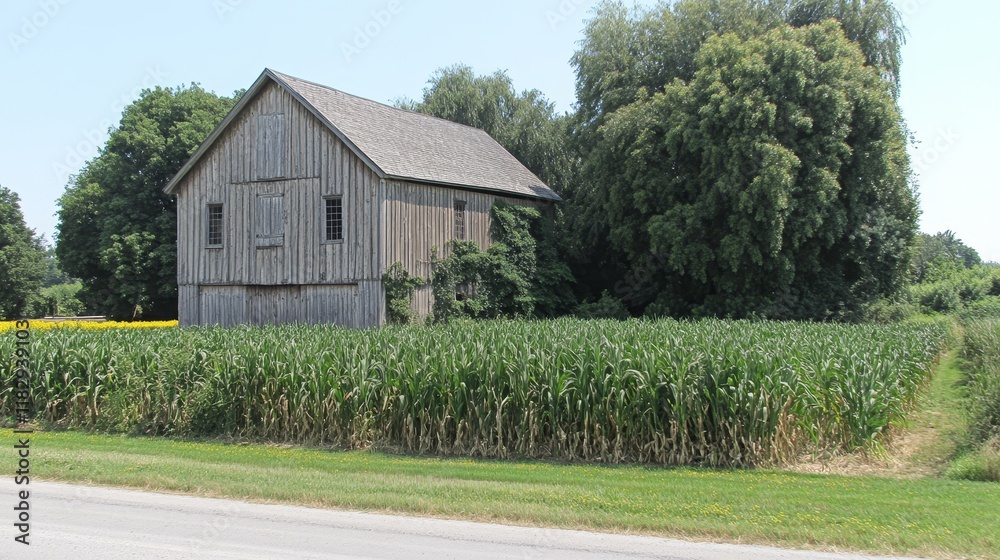 Obraz premium Rustic Wooden Barn in Summer Cornfield Landscape