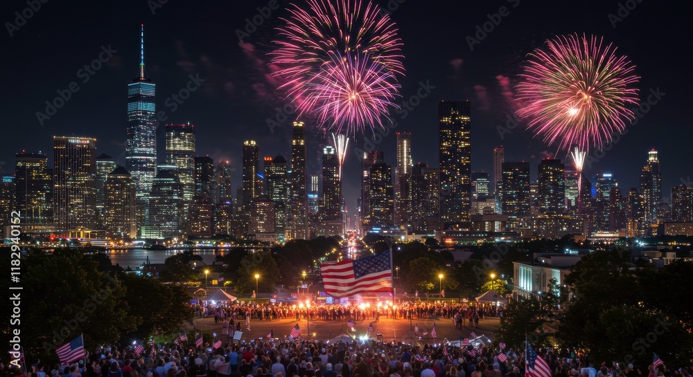 Cityscape Fireworks Display: A mesmerizing spectacle of vibrant fireworks illuminating a stunning skyline at night, with a bustling crowd celebrating the event. Cityscape Fireworks Display: A mesmerizing spectacle of vibrant fireworks illuminating a stunning skyline at night, with a bustling crowd celebrating the event.