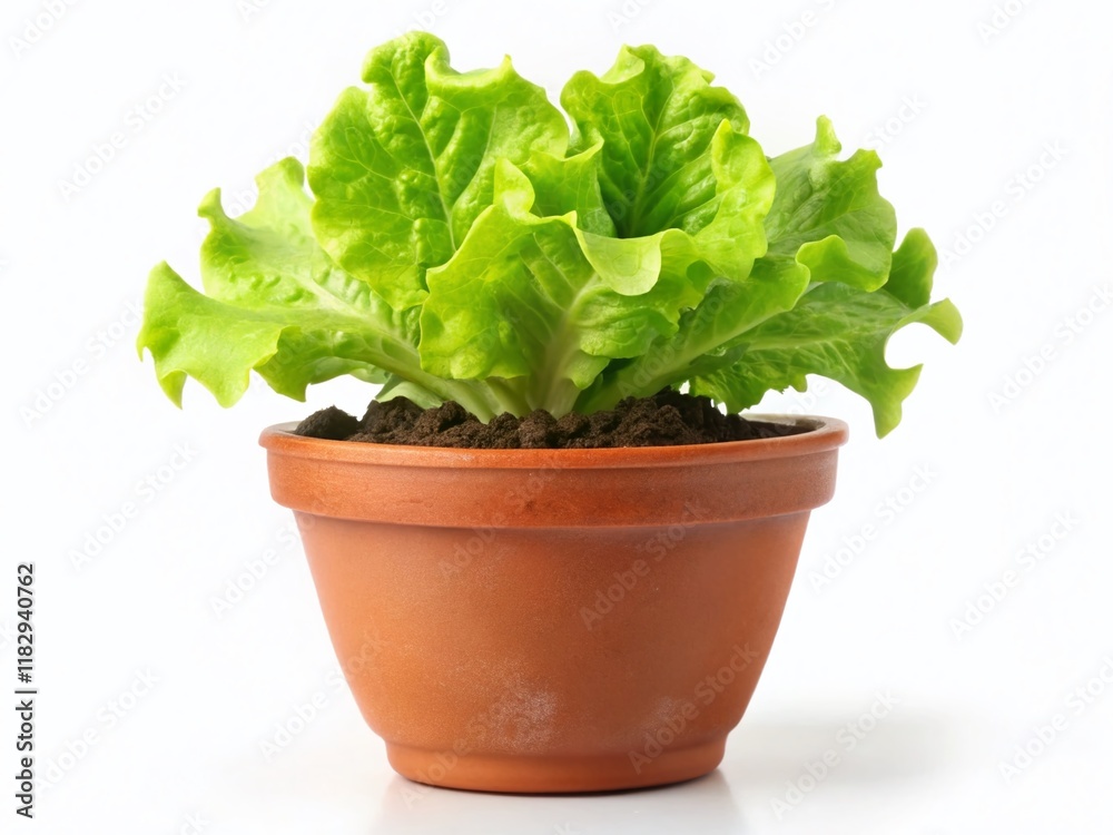 Fresh Green Lettuce Seedling in Flower Pot, Isolated on White Background - High-Resolution Stock Photo Fresh Green Lettuce Seedling in Flower Pot, Isolated on White Background - High-Resolution Stock Photo