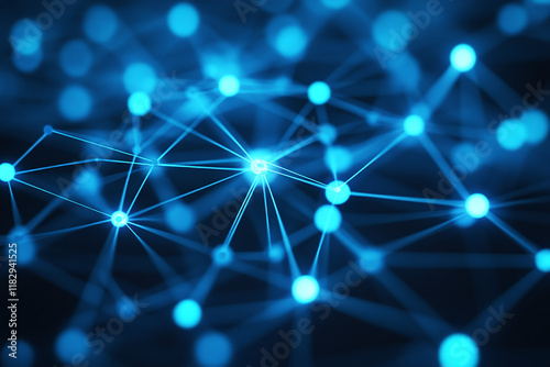 Background, abstract network with nodes and lines on blue bokeh background. Technology and connections concept, networks, nodes, connections