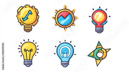 Creative Innovation and Business Strategy Icon Set ??a,?a?oe Light Bulb, Problem Solving, Teamwork, and Goal Target Icons for Business Solutions and Strategic Thinking, idea.