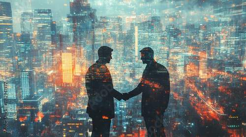 Double exposure of abstract technology drawing on cityscape background with two businessmen handshake. Concept of tech role in business.