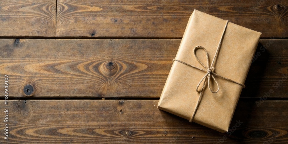 Fototapeta premium A simply wrapped gift rests on a rustic wooden surface