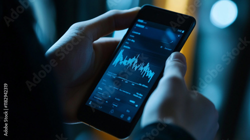 Smartphone with mobile application cryptocurrency wallet. A man analyzes the price chart for bitcoin in a mobile application. The concept of cryptocurrency trading.