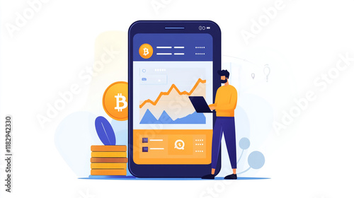 Smartphone with mobile application cryptocurrency wallet. A man analyzes the price chart for bitcoin in a mobile application. The concept of cryptocurrency trading.