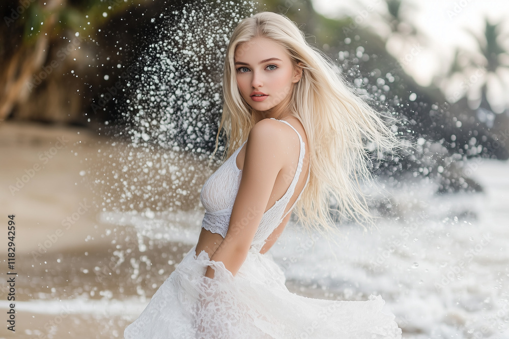 Jeune femme blonde en robe de mariée sur une plage Jeune femme blonde en robe de mariée sur une plage