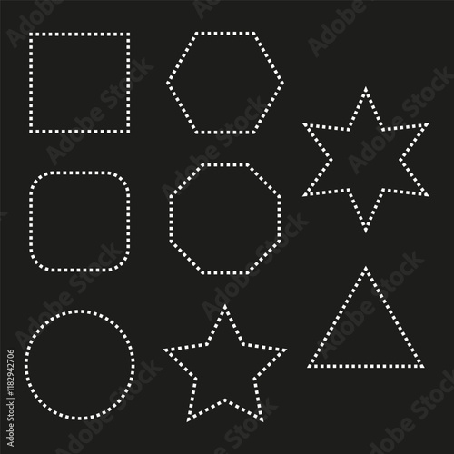 Dotted geometric shapes. Dashed outline forms. Abstract white shapes. Black background design.