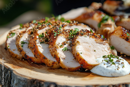 Tranches de poulet grillé et sauce blanche photo