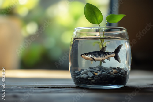 Poisson avec un plante verte dans un bocal photo