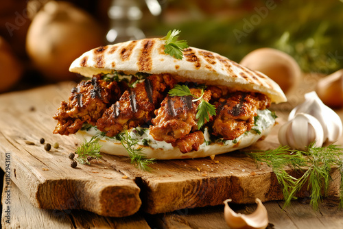 Sandwich au poulet grillé sur un plateau en bois photo