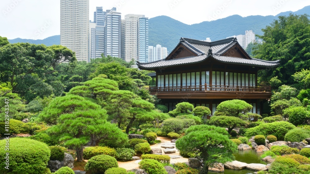 Serene Asian Garden Pavilion Amidst City Skyline Serene Asian Garden Pavilion Amidst City Skyline