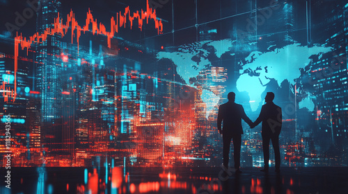 Double exposure of financial chart and world map on cityscape background with two businessmen handshake. Concept of international investment.