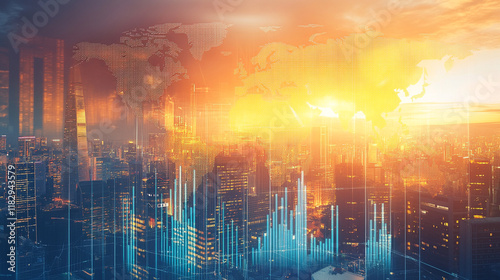Double exposure of financial chart and world map on cityscape background with two businessmen handshake. Concept of international investment.