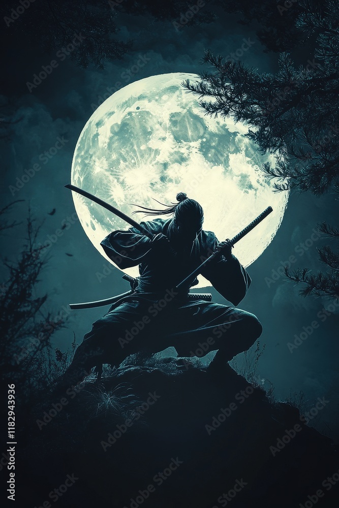 Naklejka premium A ninja in a dynamic pose, holding twin swords under the light of a full moon