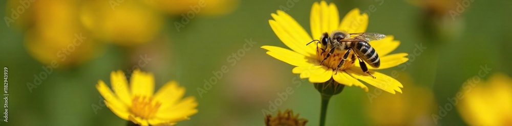 Bee with yellow and black stripes on a flower in the spring, nature, bug, black Bee with yellow and black stripes on a flower in the spring, nature, bug, black