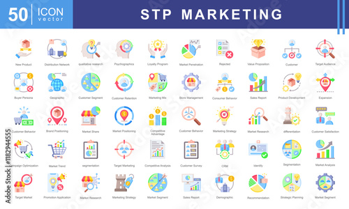 STP Marketing icon collection set. Containing target audience, customer needs, value proposition, loyalty program, marketing mix, retention, buyer persona icon.