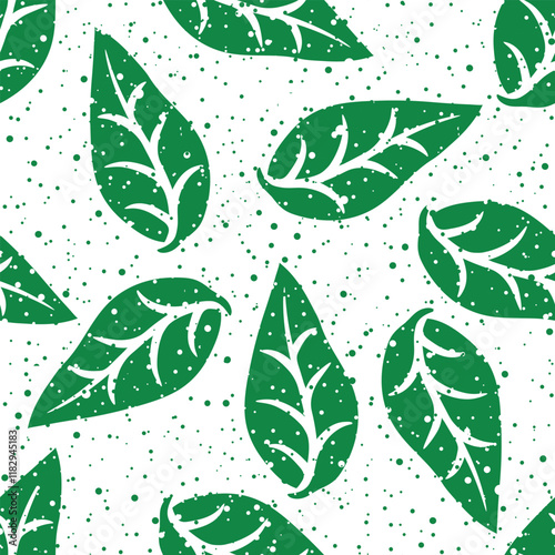 Vector illustration of doodle monochrome dotted green leaves seamless pattern. Floral organic background. For textiles, wallpaper and packaging. Transparent background