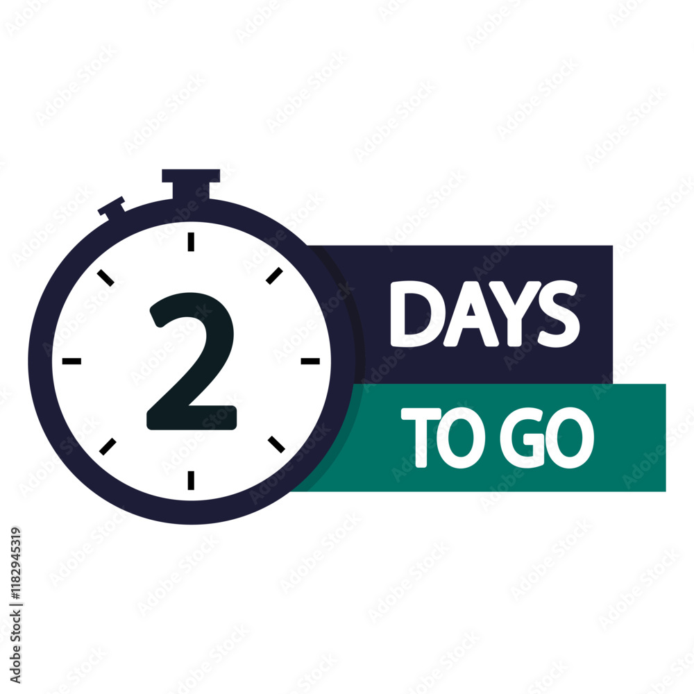 Countdown timer icon. Bold number two. Two days to go. Green and black text. Countdown timer icon. Bold number two. Two days to go. Green and black text.