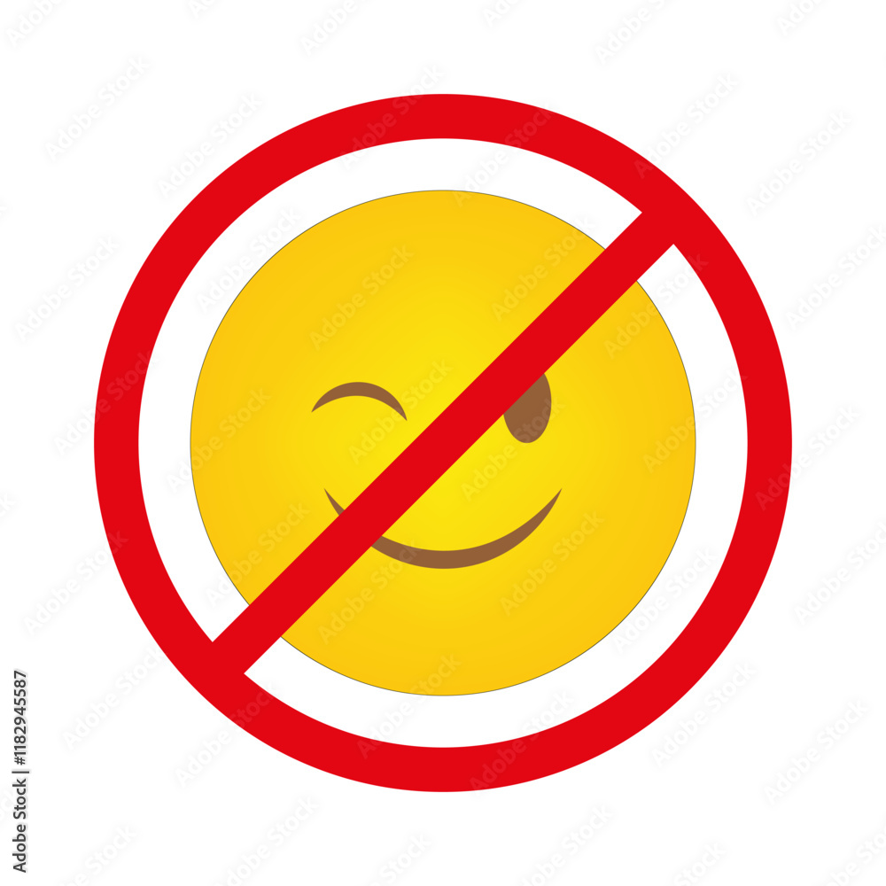 No smiley face. Red prohibition mark. Yellow emoji blocked. Circular vector sign. No smiley face. Red prohibition mark. Yellow emoji blocked. Circular vector sign.