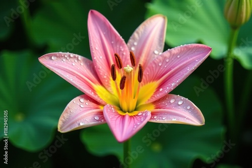 Fresh dew glistens on the petals of a lily in bloom, green, in bloom