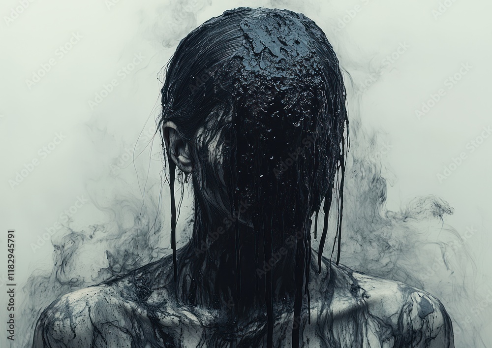 Fototapeta premium Surreal portrait of loneliness and despair with dripping essence, emotional reflection on sadness and mental health in a foggy, ethereal setting