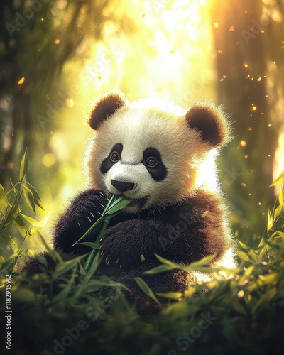 A panda cub playfully chewing on a bamboo shoot, with sunlight streaming through a forest