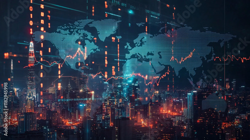 Double exposure of financial chart and world map on cityscape background with two businessmen handshake. Concept of international investment.