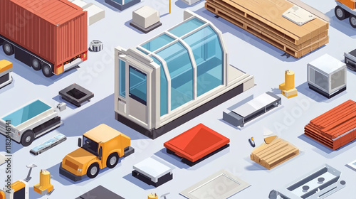 Pvc plastic and glass windows manufacturing isometric flowchart with frames soldering panes assembling transportation installation vector illustration.