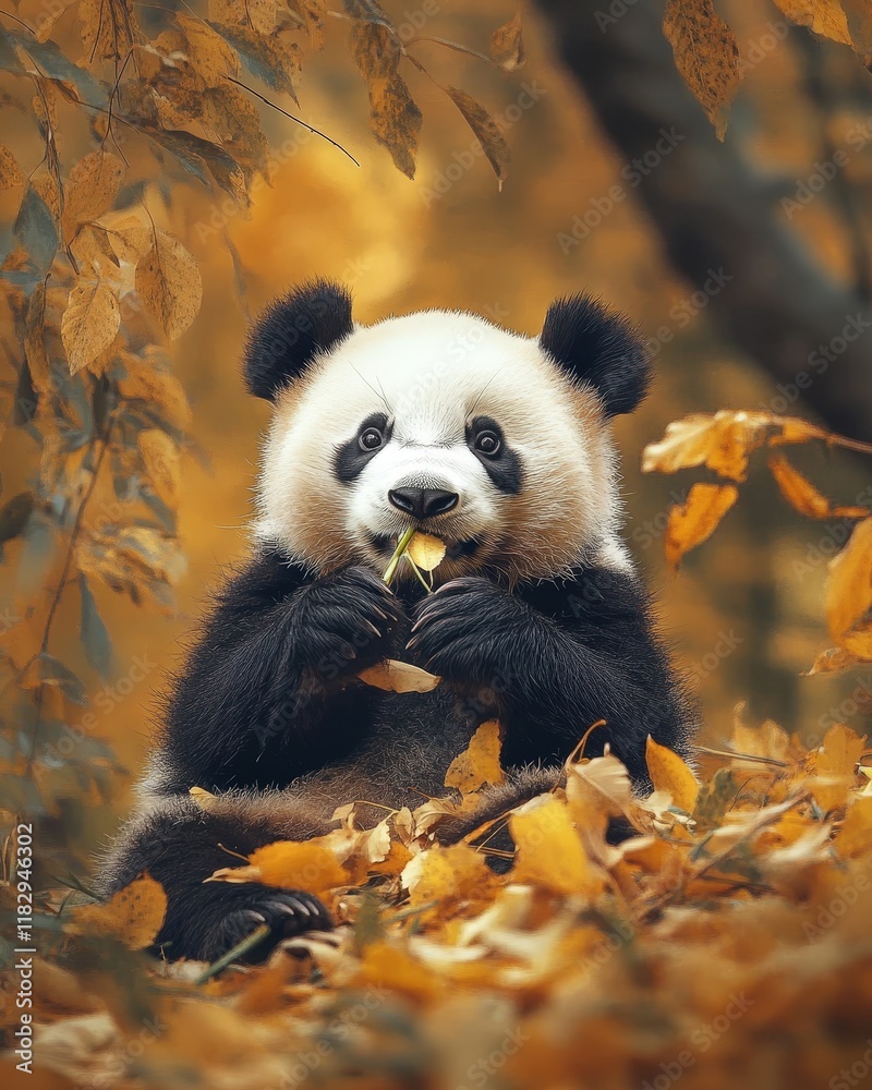 Fototapeta premium A panda nibbling on a bamboo shoot while sitting among golden autumn leaves