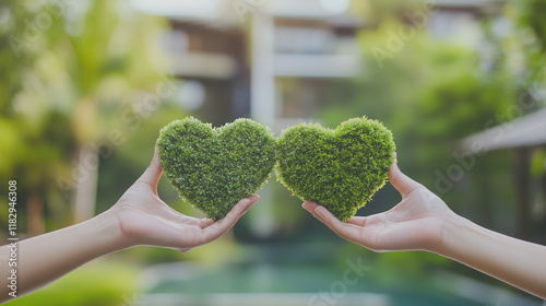 World environment day concept: Two entrepreneur hand holding heart shape of tree and hotel over blurred green nature background.