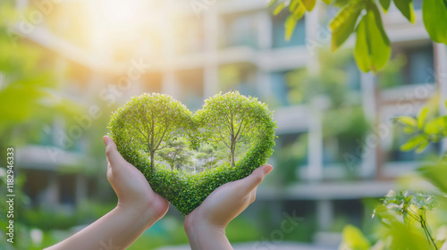World environment day concept: Two entrepreneur hand holding heart shape of tree and hotel over blurred green nature background.