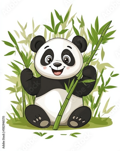 A panda sitting in a bamboo forest, happily munching on a fresh bamboo stalk photo