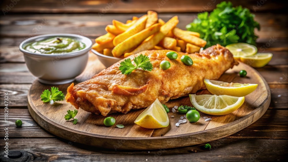 Delicious Fish & Chips: Full-Frame Vignette Stock Photo - Perfect for Restaurant Menus & Presentations Delicious Fish & Chips: Full-Frame Vignette Stock Photo - Perfect for Restaurant Menus & Presentations