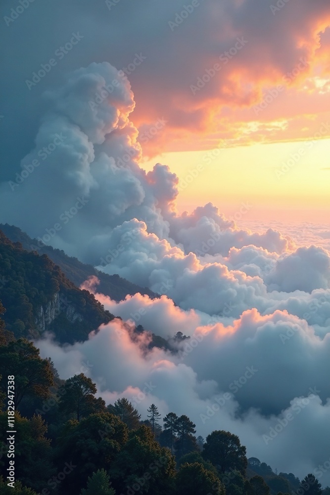 Low-hanging stratus clouds cast a mystical veil over the landscape, clouds, misty Low-hanging stratus clouds cast a mystical veil over the landscape, clouds, misty