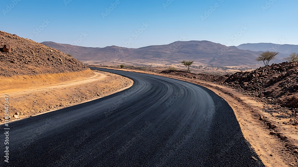 A winding road through a desert landscape under a clear blue sky. A winding road through a desert landscape under a clear blue sky.