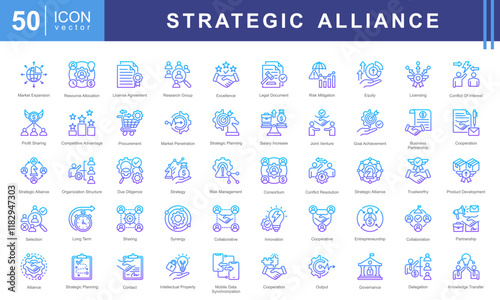 Strategic Alliance icon collection set. Containing partnership, collaboration, joint venture, cooperative agreement, synergy, shared objective, mutual benefit icon.