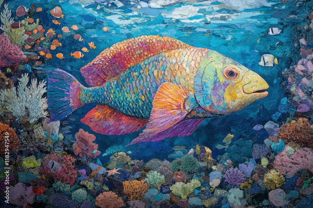 Fototapeta premium A parrotfish swimming among vibrant coral reefs, surrounded by schools of smaller fish