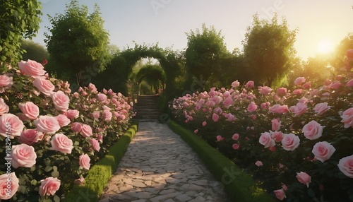 serene sunrise in a blooming rose garden with pathway