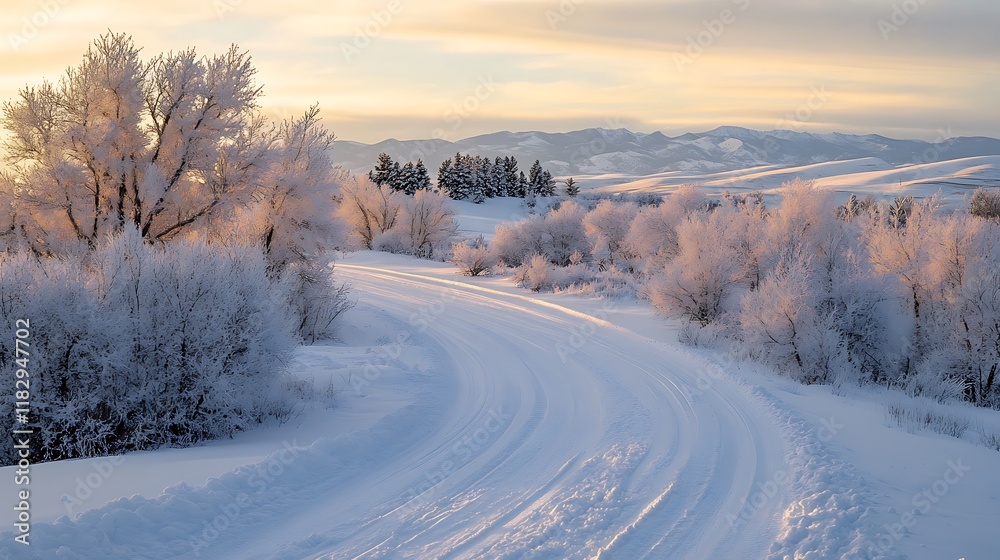 Obraz premium A winding snowy road through a frosted landscape at sunrise.
