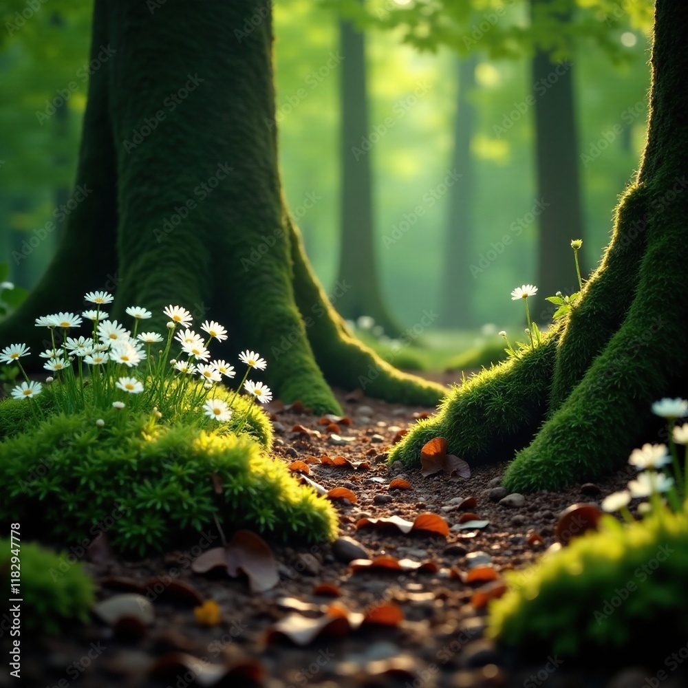 Misty forest floor with delicate white leaves amidst dark foliage, earthy, foliage Misty forest floor with delicate white leaves amidst dark foliage, earthy, foliage