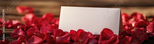 Wallpaper Mural A blank card surrounded by vibrant red rose petals on a rustic wooden surface. Torontodigital.ca