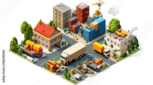 Global logistics network isometric illustration. Isometric Logistics and Delivery concept. Delivery home and office. City logistics. Warehouse, truck, forklift, courier. On-time delivery.
