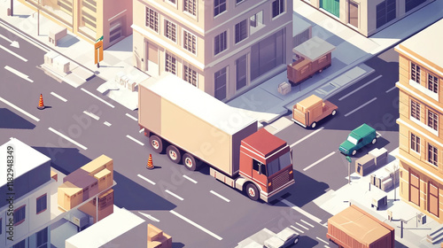 Global logistics network isometric illustration. Isometric Logistics and Delivery concept. Delivery home and office. City logistics. Warehouse, truck, forklift, courier. On-time delivery.