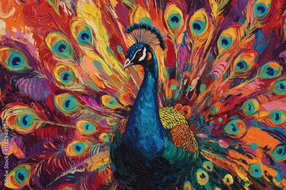 Fototapeta premium A peacock spreading its vibrant feathers in a dazzling display of colors