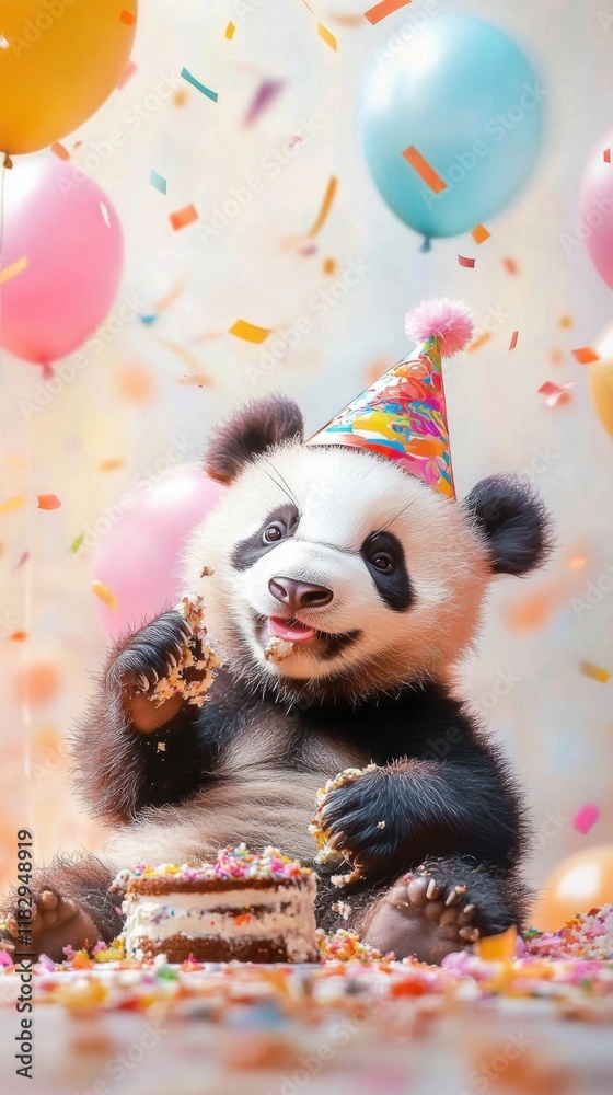 Baby panda celebrates birthday with cake and balloons in joyful party atmosphere Baby panda celebrates birthday with cake and balloons in joyful party atmosphere